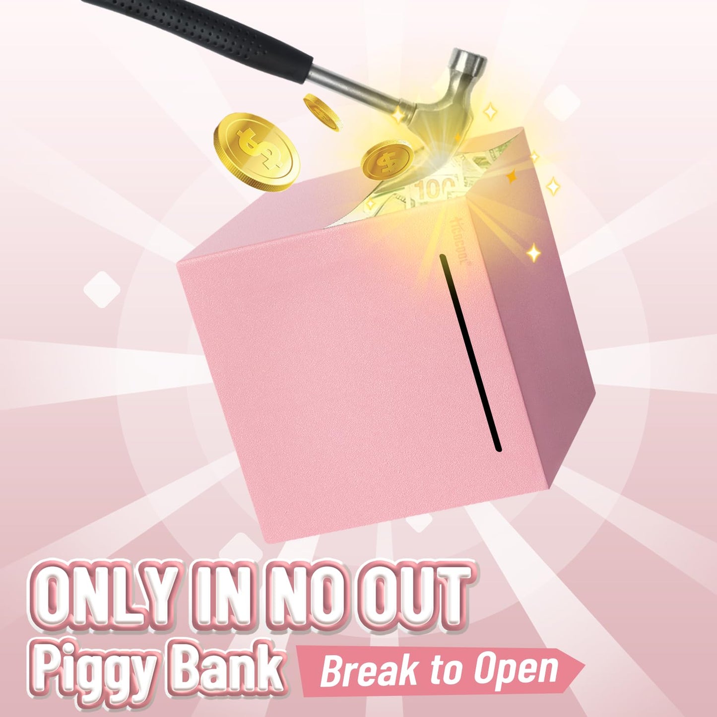 Hicocool Piggy Bank for Adults Must Break to Open, Unbreakable Stainless Steel Money Saving Box (Pink, Palm Size)