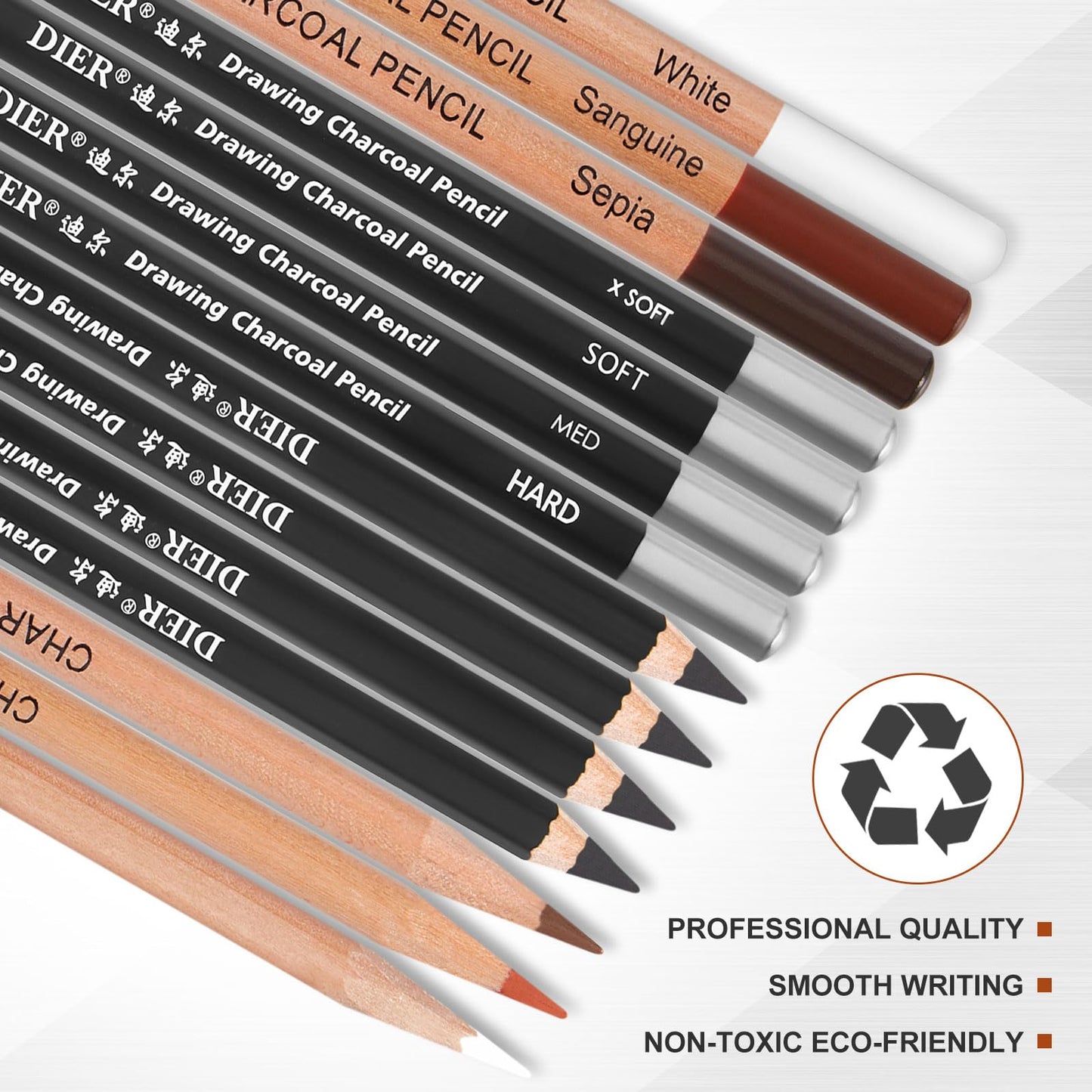 Geyoga 36 Pcs Charcoal Drawing Set Black White Brown Charcoal Pencils for Sketching, Shading, Blending, Portrait, for Beginners & Artists