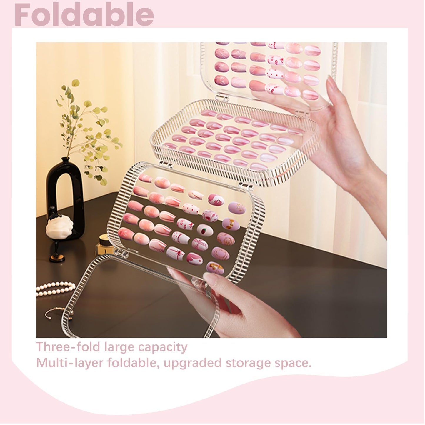 Oskrieel Large Tri-Fold Press On Nail Organizer Case - 4-Page Portable Storage Box for Fake Nails, Clear PET Plastic Travel Holder (6×3.2×1.8 inch) Texture 2Pcs