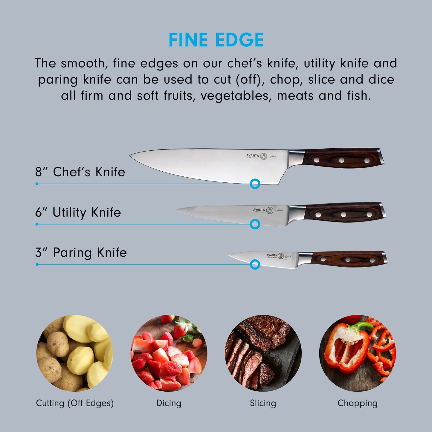 Messermeister Avanta Forged 3-Piece Pakkawood Starter Set - German X50 Stainless Steel - Includes 8” Chef’s Knife, 6” Utility Knife & 3” Paring Knife