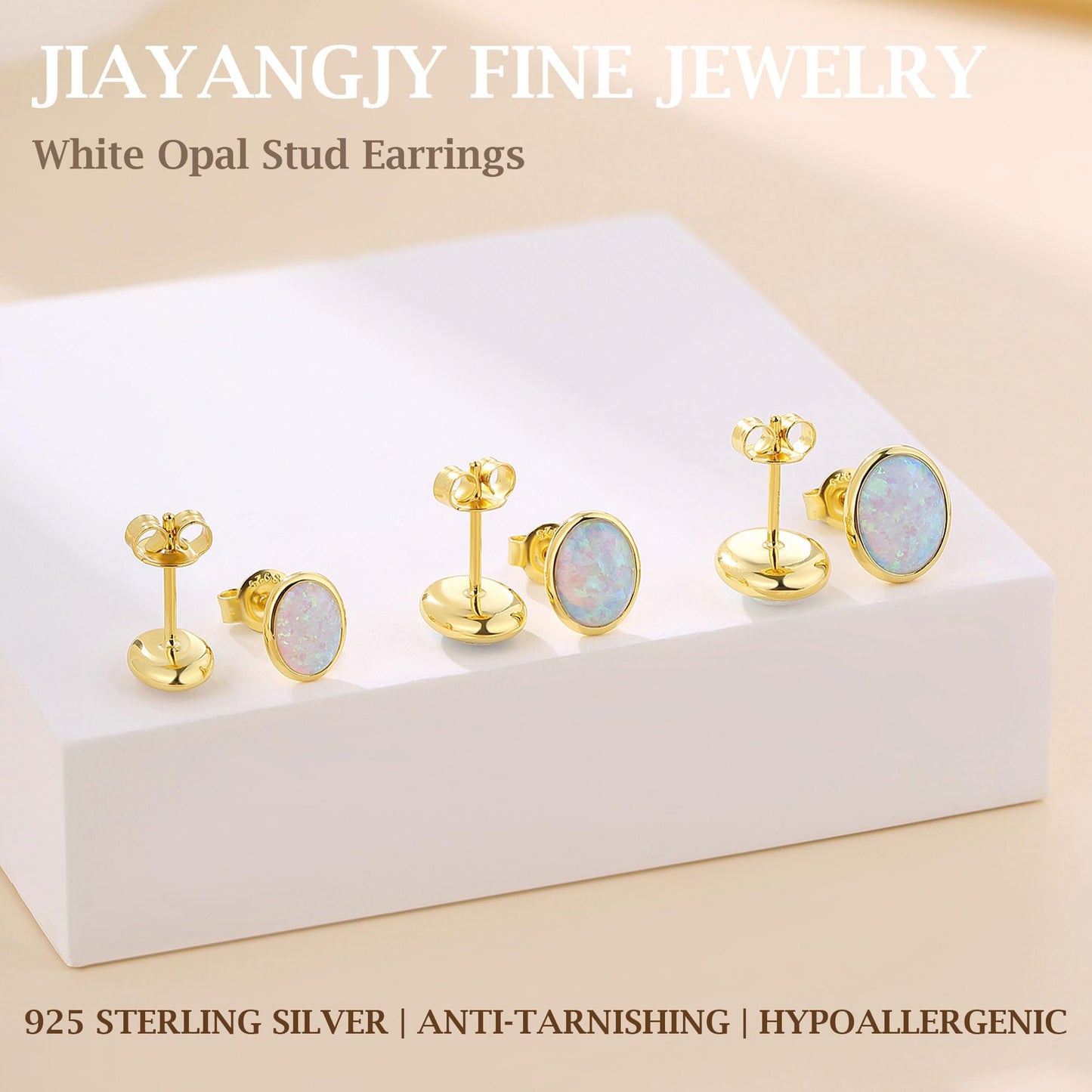 JiayangJY White Fire Opal Stud Earrings for Women 18K Yellow Gold Plated Sterling Silver Oval Shape 6mm Opal Earrings with Push Back