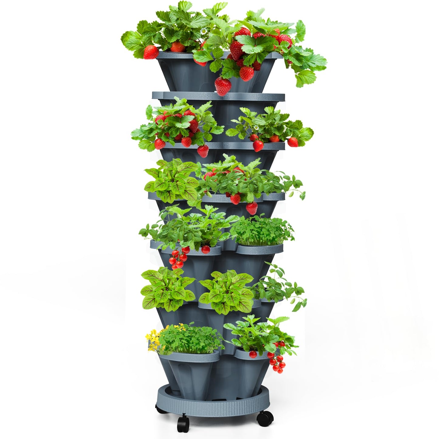Tectsia Strawberry Vertical Planter Tower Garden, 7 Tiered Stackable Planter Herb Garden Planter with Movable Casters and Bottom Saucer Indoor and Outdoor - Dark Grey