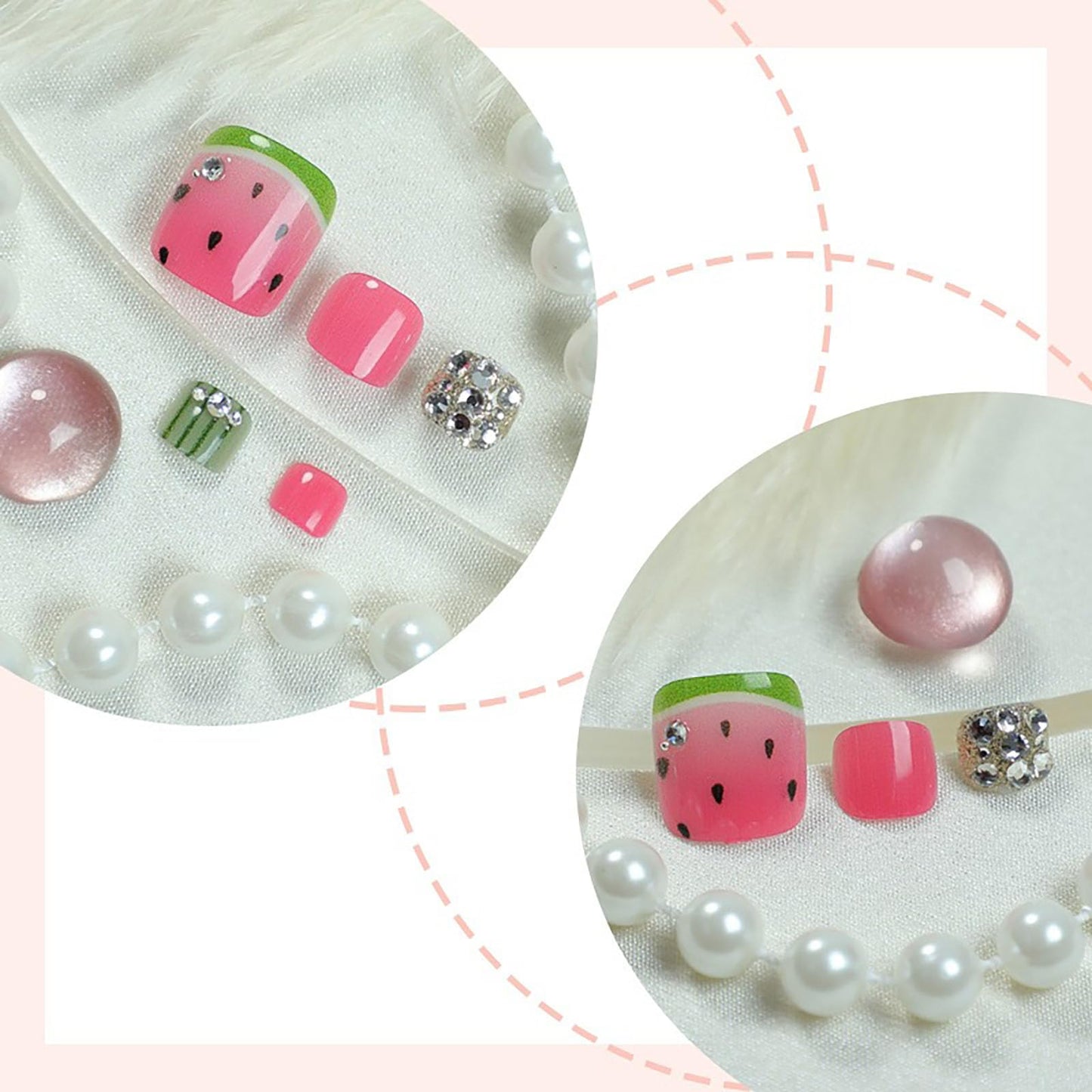 RUOKEXIN Short Press on Toenails Square Fake Toenails with Watermelon Designs Summer Toe Nail Press ons Sparkly Artificial Nails for Women 24Pcs