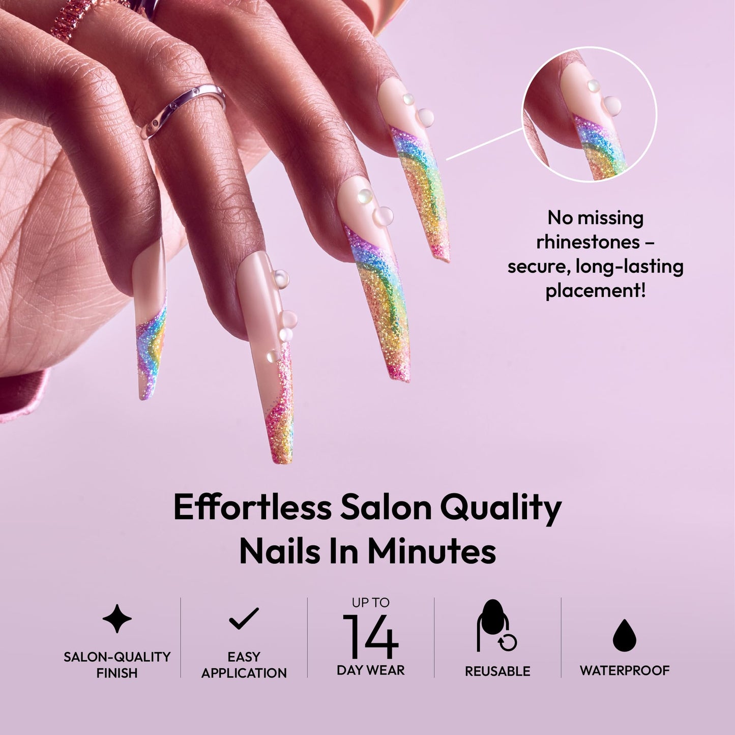 Glitzy 3D Handmade Press On Nail Kit, Rhinestone Gem Glitter French Tip 3X-Long Coffin False Nail, Reusable & Lasts Up To 2 Weeks, Seamless Snug Fit Technology, Includes Glue & 28Pcs Manicure Set