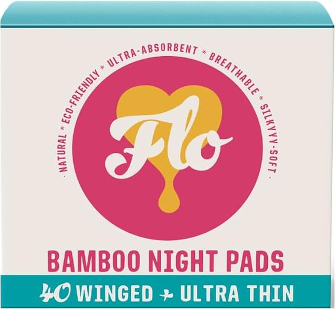 Flo Bamboo Night Period Pads with Wings. Super absorbant, Soft, Thin (40 Pads)