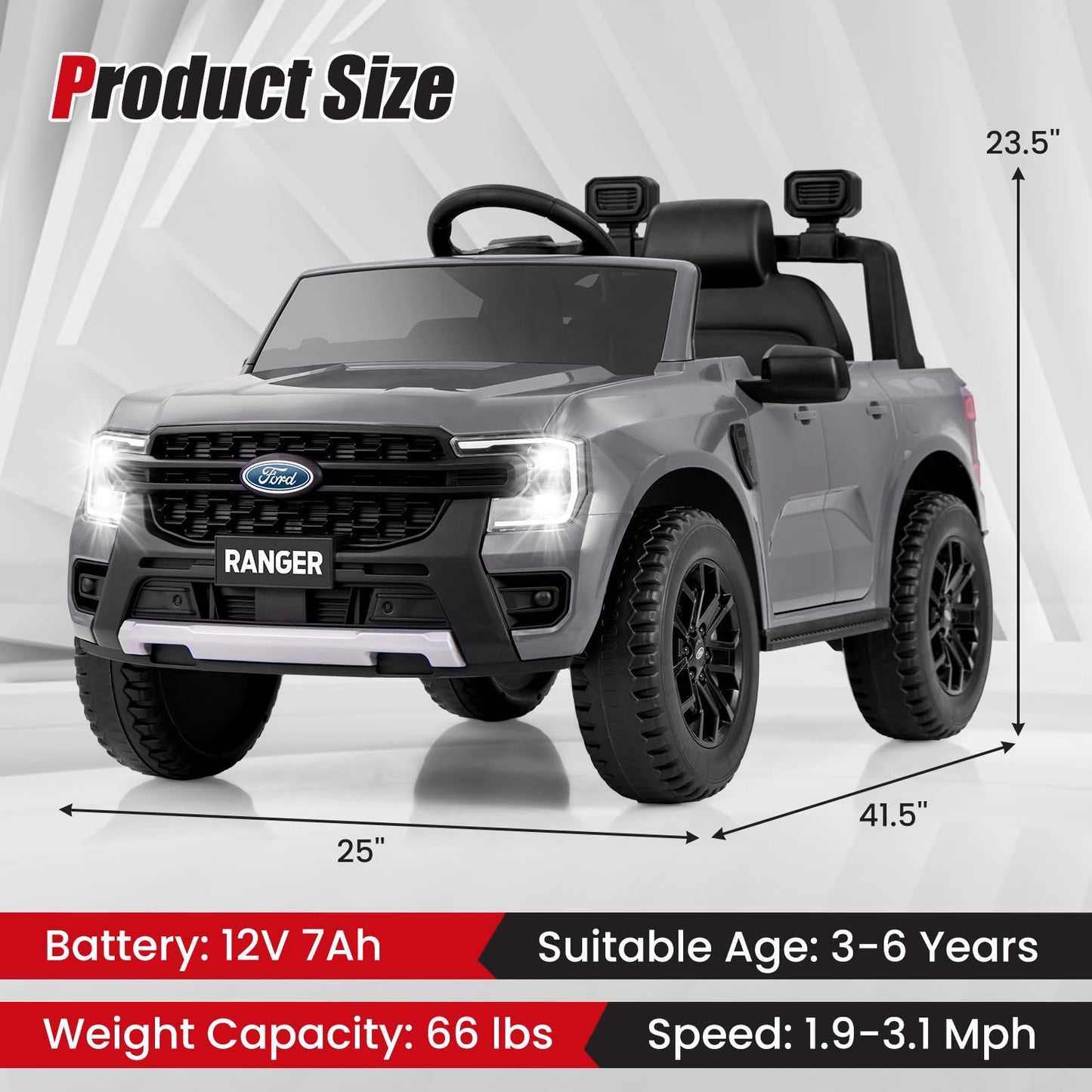 Licensed Ford Ranger Ride on Car for Kids by OLAKIDS, 12V Electric Vehicle Truck with Remote Control, Toddlers Battery Powered Toy with 2 Speeds Wheels Suspension Storage Space Bluetooth USB (Gray)