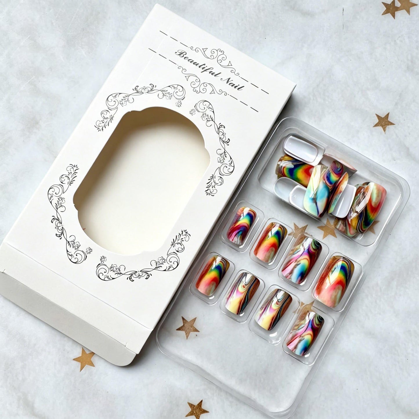 Medium Press on Nails Square Shape Fake Nails Aurora Marble False Nails Gradient Colorful Designs Spring Summer Acrylic Nails Full Cover Glossy Stick on Nail Holiday Glue on Nails for Women 24Pcs