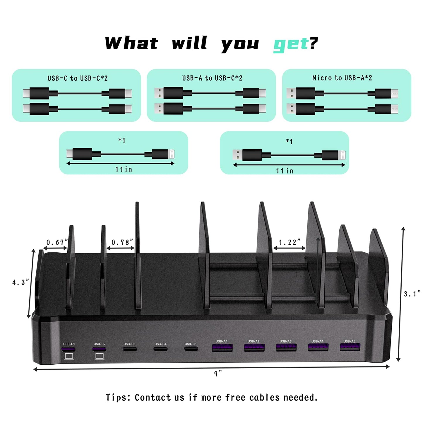420W Charging Station for Multiple Devices, Zobirez 10-Port USB C Fast Charger Stations for MacBook, iPhone, Android Cell Phone, iPad, Tablet, Family Multi-Device Organizer Charging Dock, Black