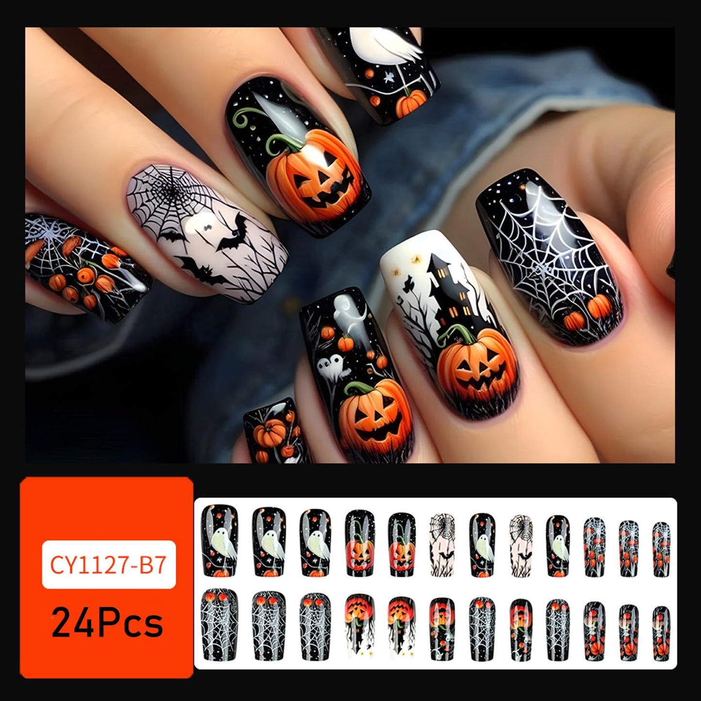 Halloween Press on Nails Medium Square Fake Nail Cobweb Pumpkin False Nails with Castle & Bat Designs Full Cover Glossy Stick on Nail Ghost Glue on Nails for Women 24Pcs
