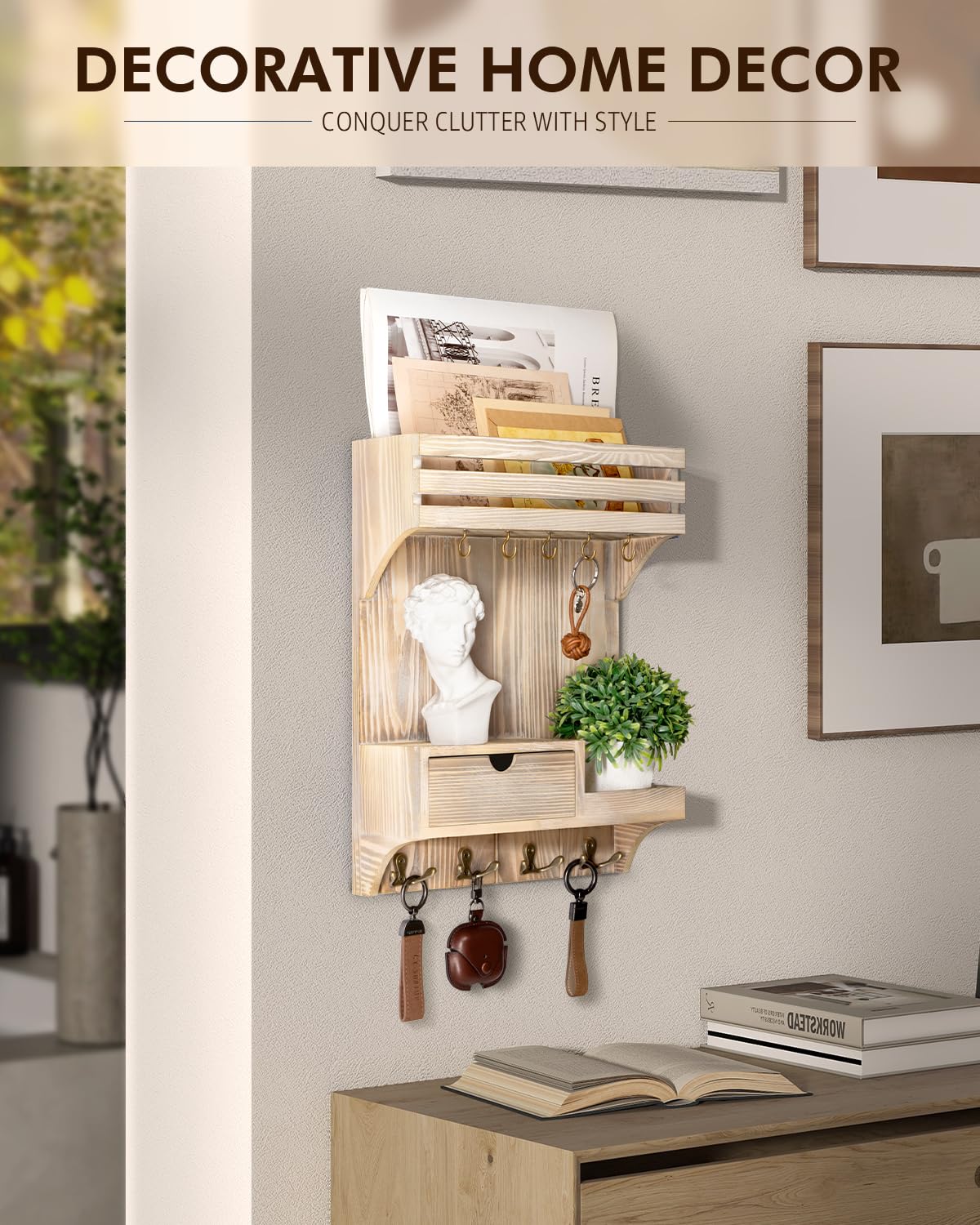 Rebee Vision Decorative Key Holder Wall Mount with Mini Drawer Organizer - Farmhouse Key Holder for Wall with Mail Organizer & 9 Key Hooks - Ideal Room Decor Aesthetic (Natural Wood)