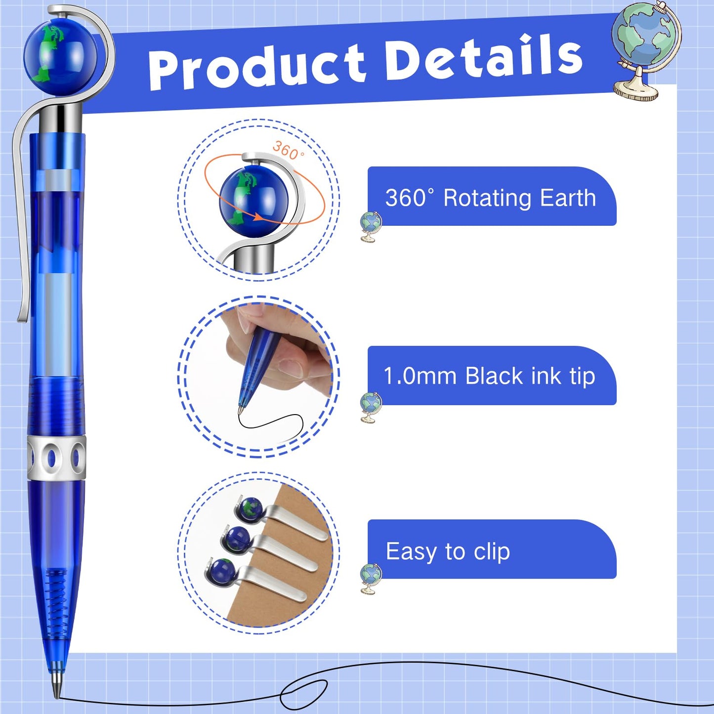 Dianelhall 24 Pcs Earth Day Pens Bulk Novelty Tellurion Shape Black Ink World Retractable Ballpoint Pens Earth Day Gift for Adults Accessories Office Decoration(Blue and Silver)