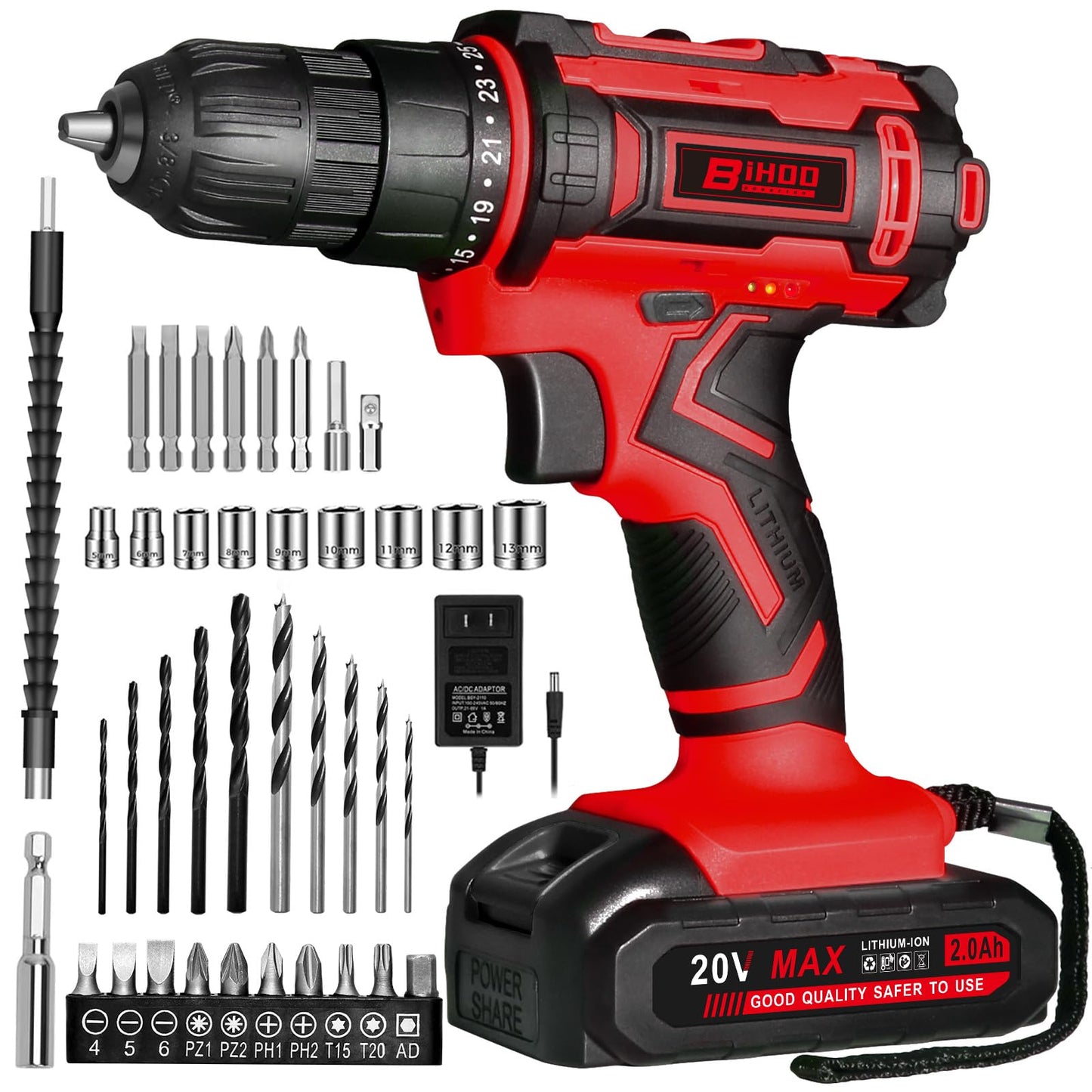 BIHOO Cordless Drill Set,20V Drill Driver with Battery and Charger,3/8-Inch Keyless Chuck, Variable Speed,with Drills Bits Set,Red