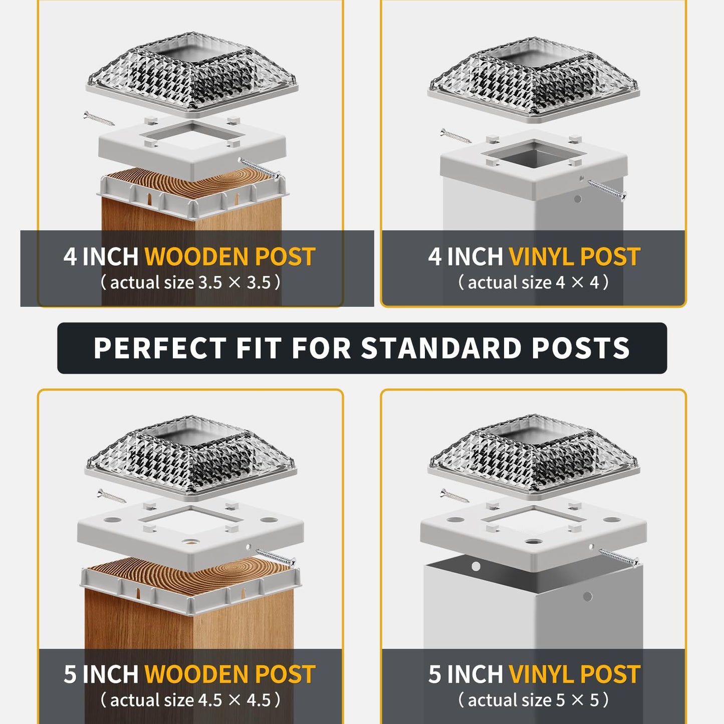 OPOIRA Glass Solar Post Cap Lights with Crystal Style - Decorative Deck Fence Lights for 4x4 5x5 Posts Hidden Solar Panel, Modular Design, 10Hr Runtime, IP65, Warm White, White, 2 Pack