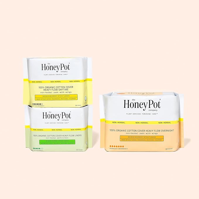The Honey Pot Company - 64ct - Sanitary Pads for Women - Non-Herbal Heavy Overnight w/Wings - Organic Cotton Cover & Ultra-Absorbent Pulp Core - Feminine Care - FSA & HSA Eligible