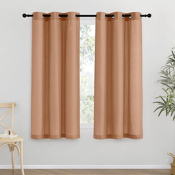 NICETOWN Thick Linen Blend Curtains Flax Textured for Bedroom, Rustic Grommet Semi Sheer Privacy Added Window Curtains & Drapes Light Filtering for Nursery, Burnt Orange, W42 x L63, Set of 2