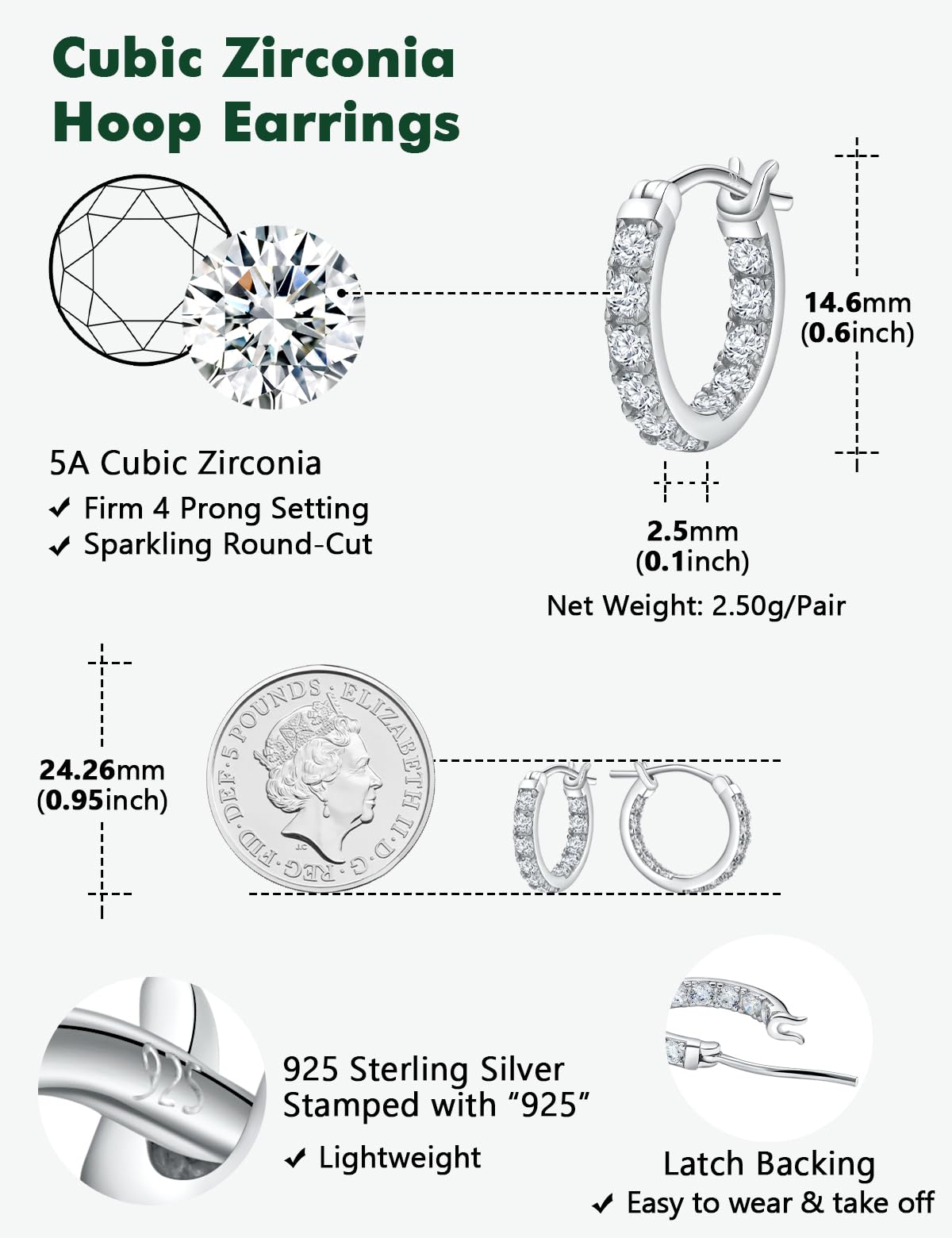 RANDES 15mm Chunky Cubic Zirconia Hoop Earrings for Women Trendy 925 Sterling Silver Small Hoops 1.5 Cttw Lab Created Diamond Earrings