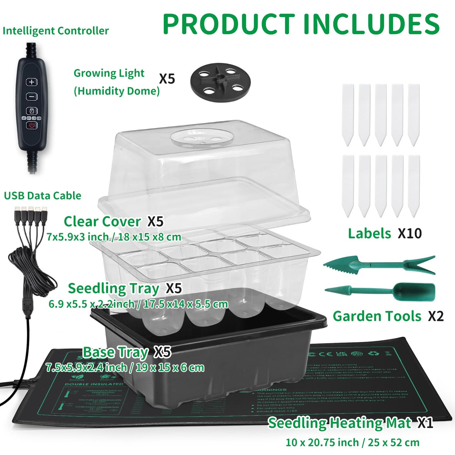 AUPETEK Seed Germination Kit with Heat Mat and Light Humidity Domes, 60 Cell Starter Trays Germination Station Cloning Kit