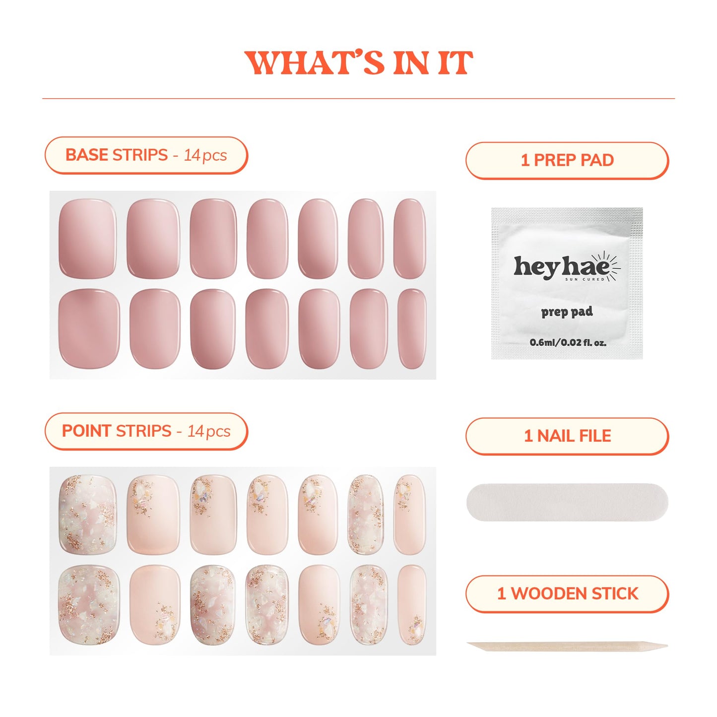 Heyhae Semi Cured Gel Nail Strips | No LED Lamp Needed | Glitter, Pink | Easy Apply & Remove, Salon Quality | Includes 28 Strips, 1 Prep Pads, Nail File & Wooden Stick - Hey, Wanna Brunch?
