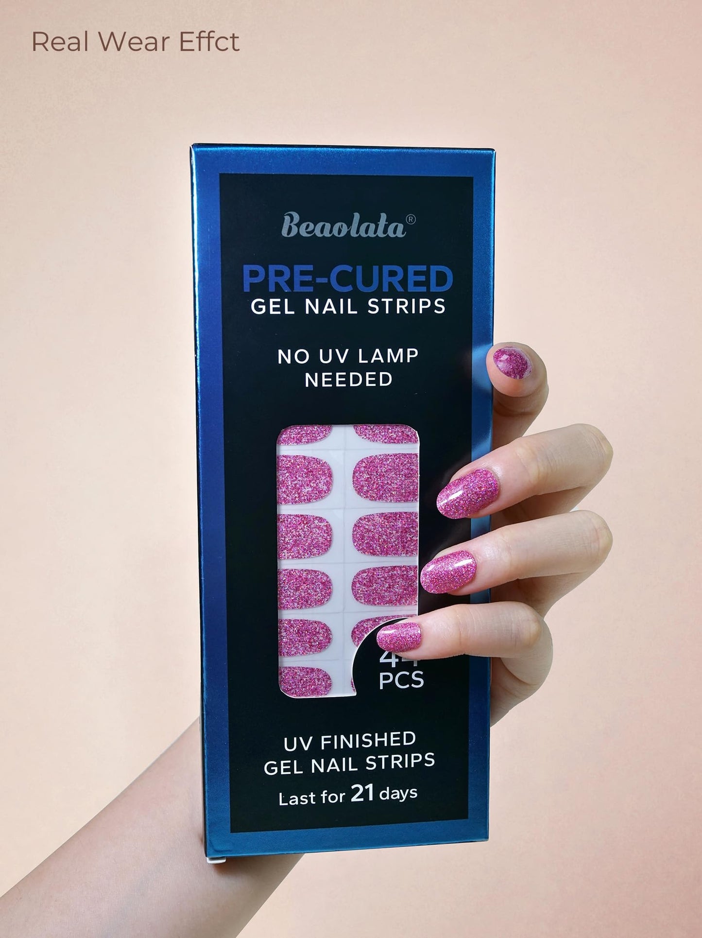 Beaolata Real Gel Nail Strips (No UV Light Needed) - 44Pcs Salon Quality Nail Stickers - Long Lasting Polish Wraps for Women, Easy Apply & Remove (Neon Pink)
