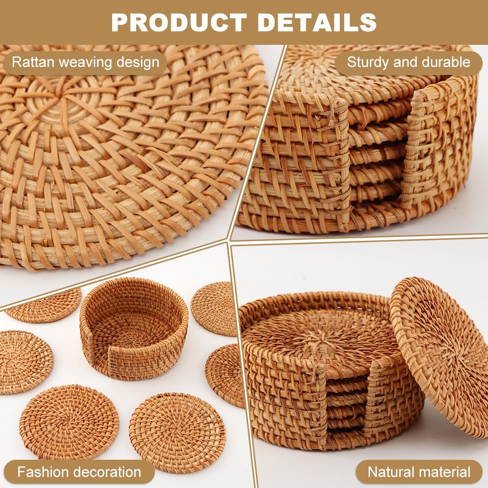 6pcs Handmade Rattan Coaster Set with Holder - Wicker Coasters, Heat-Resistant Drink Coasters for Coffee Table, Housewarming Gifts, Home Decor