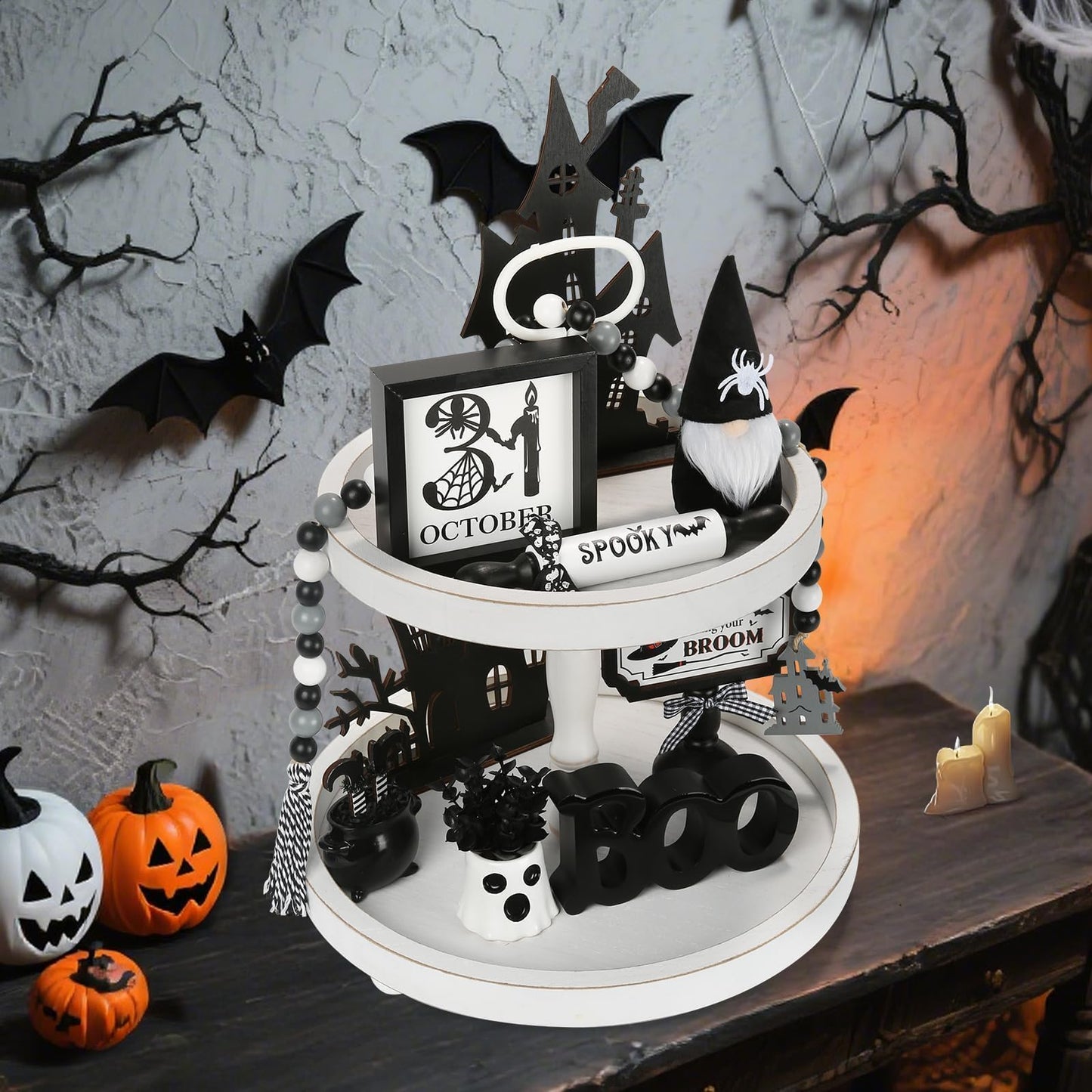 Halloween Decorations 8PCS Tiered Tray Decor, Cute Tabletop Halloween Decor for Home Tray Shelf Mantel Coffee Bar Office Table Centerpieces Farmhouse Rustic Spooky Wood Signs