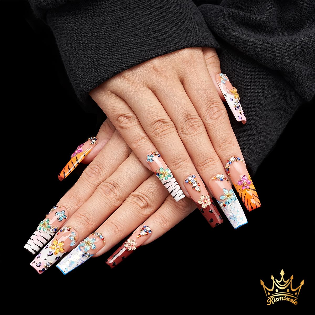 Kismizzle Press On Nails - Nile Fierce | Handmade Acrylic Long Square Nails with Animal Print, 3D Flowers & Rhinestones | Reusable 10PCS Nail Kit, Multicolor (Multicolor, Long)