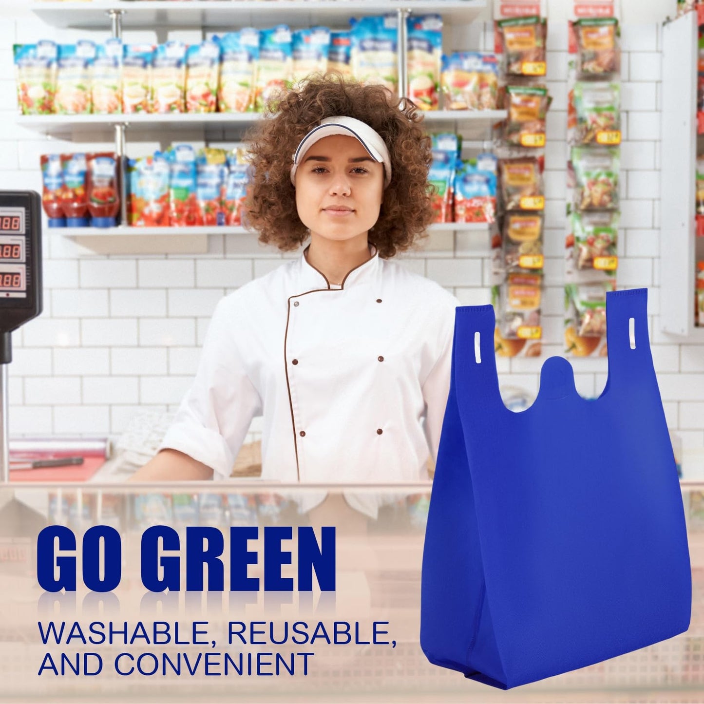 Windyun Large Grocery T-shirt Bags Bulk Reusable Non Woven Shopping Bag Foldable Gift Tote with Handle, 21x11x6 Inch(100 Pcs,Navy Blue)