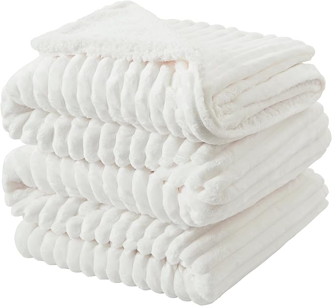 INFIIXSO Sherpa Fleece Queen Size Blanket - Super Soft & Warm Striped Fleece, Cozy Plush Fluffy Large Bed Blanket All Season Use (Off White, 90x90 Inches)