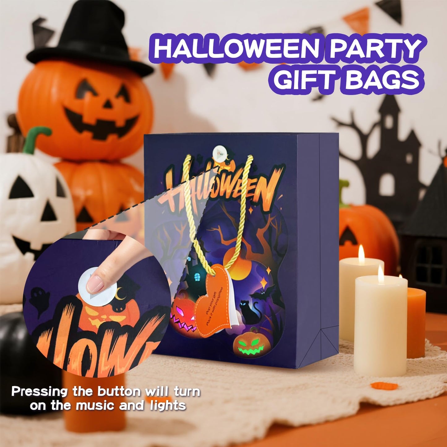 popgiftee Halloween Party Gift Bag Light Fireworks and Cheer Music Treat Bags with Shopping Handle,7.87x3.94x10inch