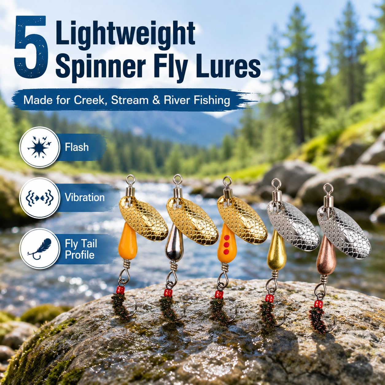 Zylaxio Trout Spinners, 5PCS Spinner Fly Fishing Lures, 1.96in Brass Inline Spinner Lures, 0.09oz Set for Trout Bass Salmon Pike, Creek Stream River Fishing