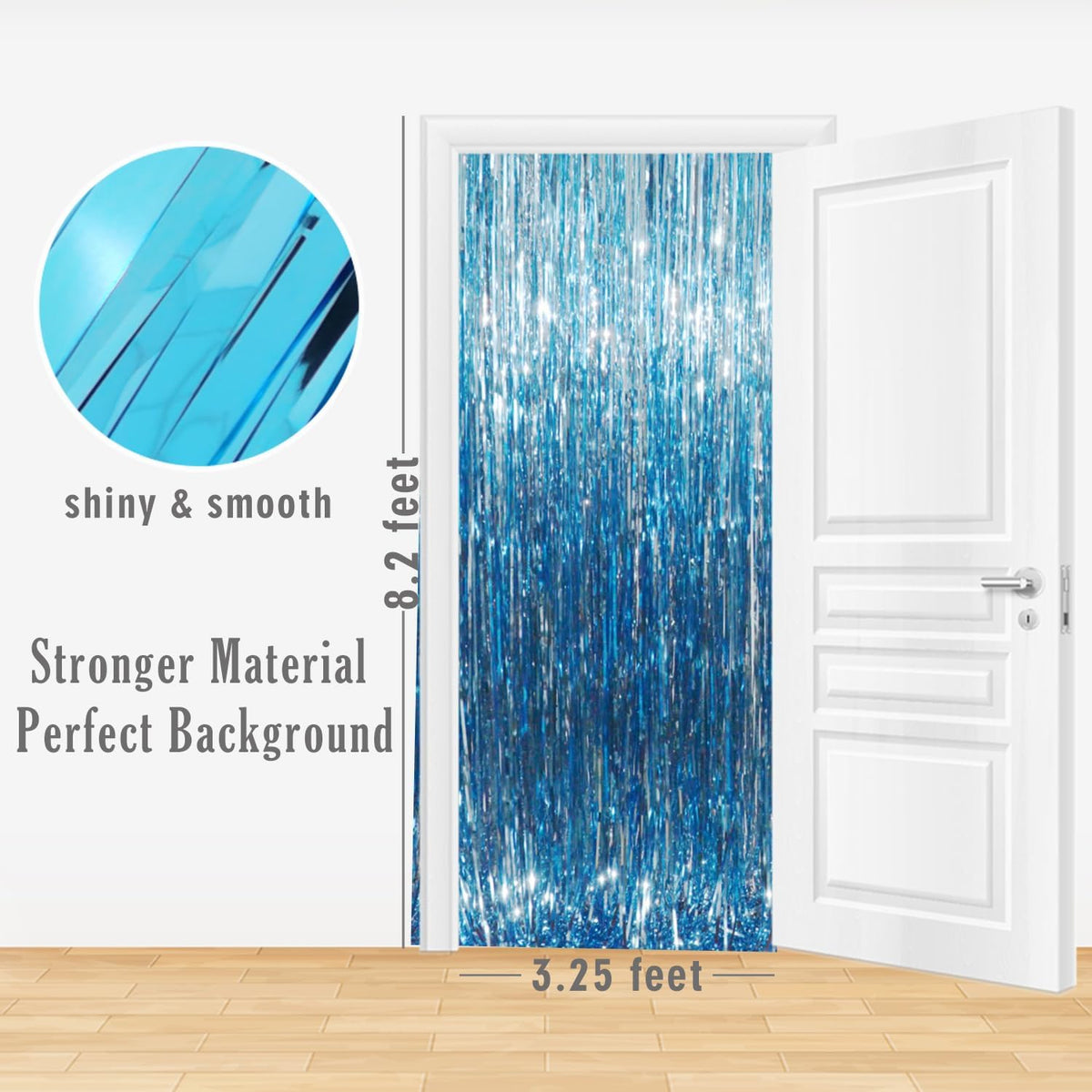 GOER 6.4 ft x 8.2 ft Metallic Tinsel Foil Fringe Curtains,Pack of 2 Party Streamer Backdrop for Birthday,Graduation Decorations and New Year Eve (Light Blue)