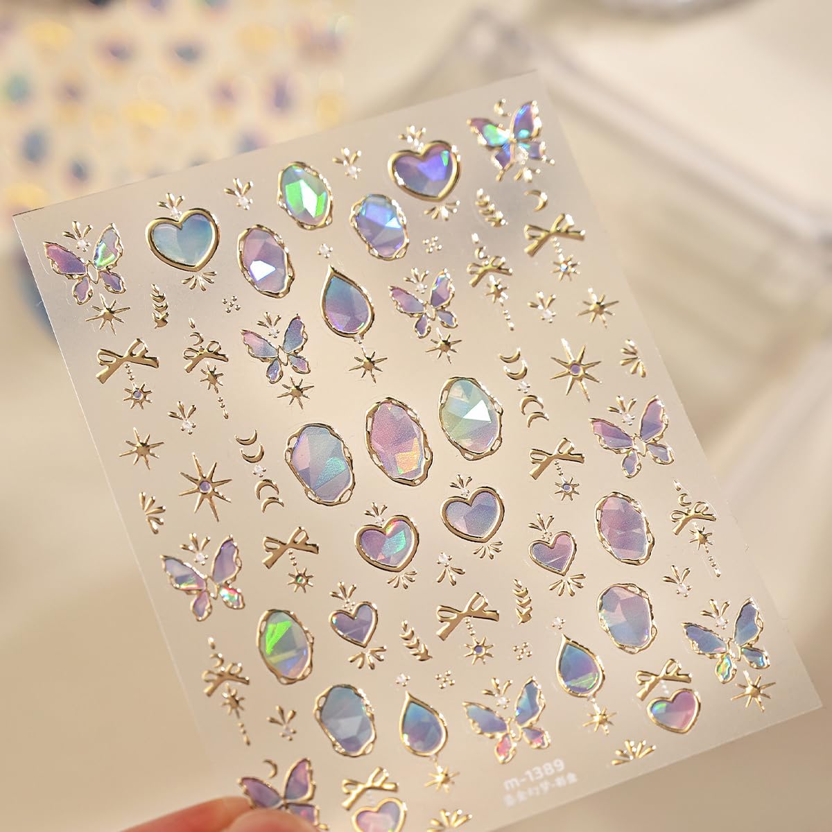 5D Embossed Gold Butterfly Heart Nail Stickers, Holographic Gem Nail Decals, Shiny Celestial Nail Art Supplies for Women Nails Decorations
