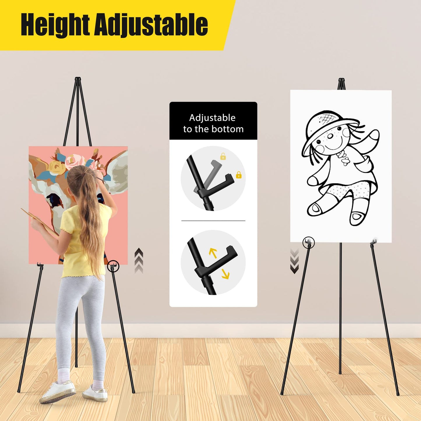 SunyesYoon Display Black Easel Stand for Wedding Sign, Artist Instant Tripod Collapsible Portable Floor Easel for Posters, 63" Adjustable Easy Folding Metal Stand for Display Show, Arts, Painting