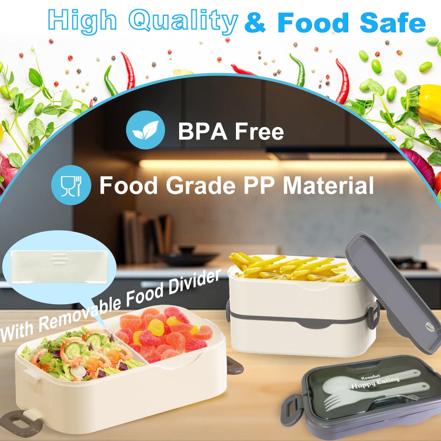 Kenuket Bento Box Adult Lunch Box, Stackable 3 Layers Large Capacity Lunch Containers, Microwave and Dishwasher Safe Food Grade Containers with Utensils, Dividers and Sauce Boxes for Men, Women, Kids
