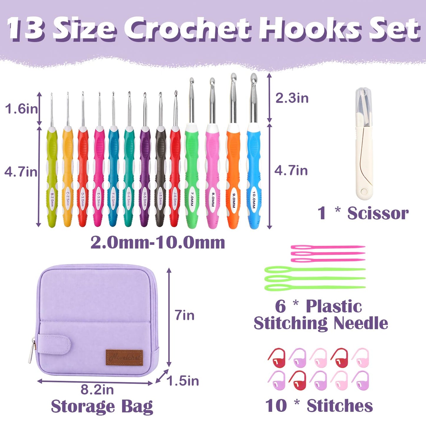 Novelchet Ergonomic Crochet Hooks Set, 13 Sizes Crochet Needles for Beginners with Case 2mm(B)-10mm(N) Purple