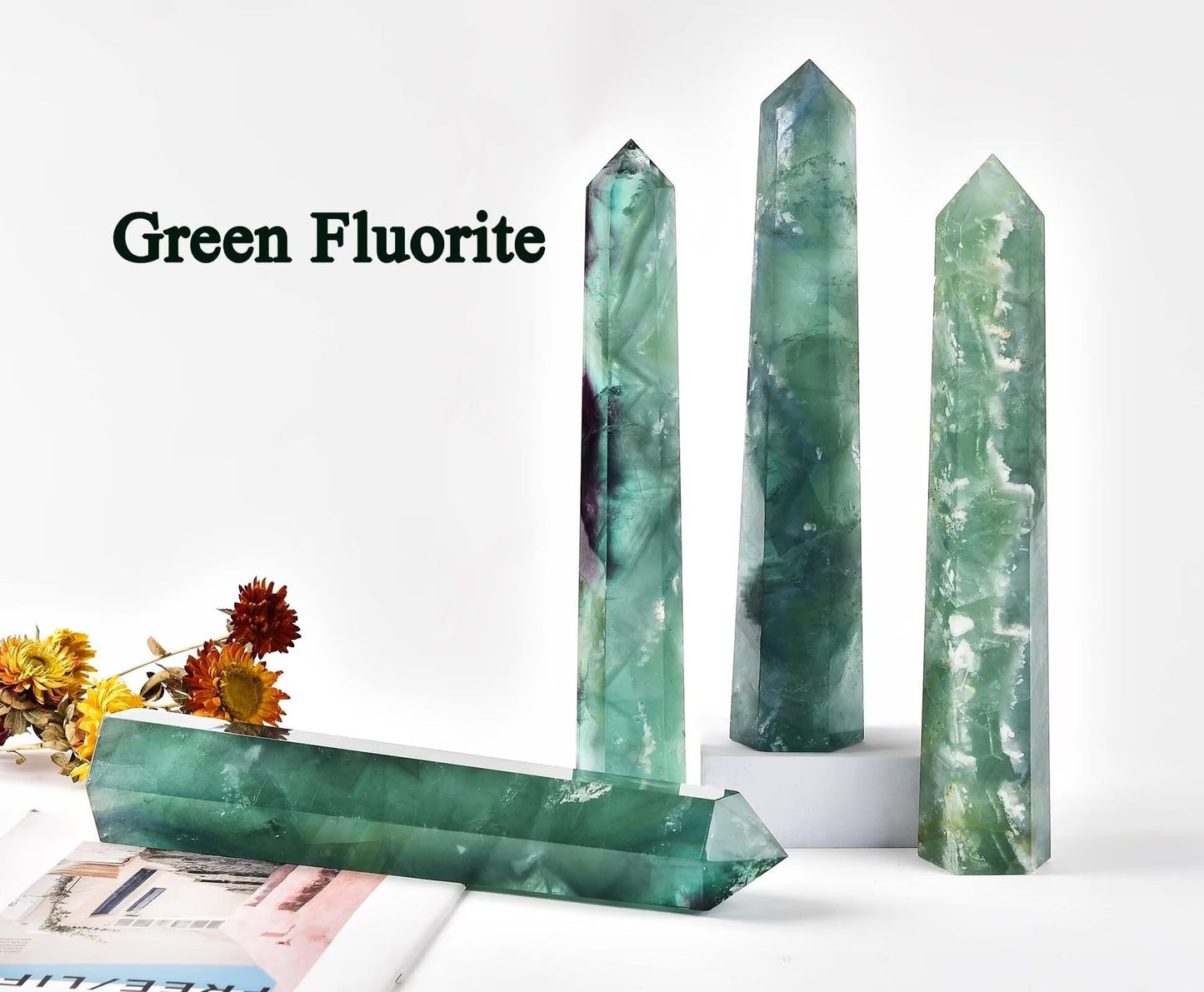 AMOYSTONE Extra Large Healing Crystal Obelisk Towers Green Fluorite Point Wand Home Decor Reiki Healing 2.2-2.6LBS