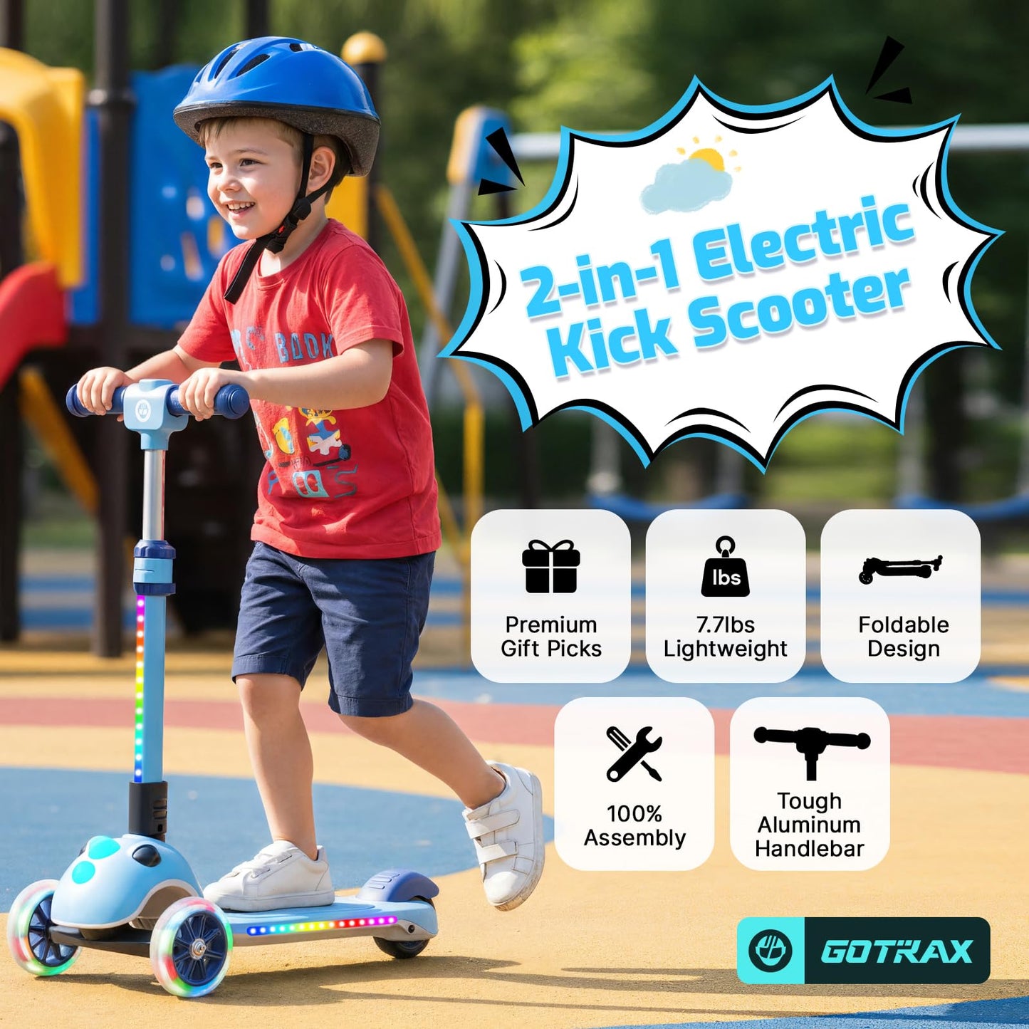 Gotrax SK1 Foldable Electric Scooter for Kids 4+, Full Body LED Light, 90min Riding& 5Mph Speed, Push-Button Throttle&Battery Indicator, 6'' Wheel & 3 Adjustable Height, 3 Wheel Escooter,Gift,Blue