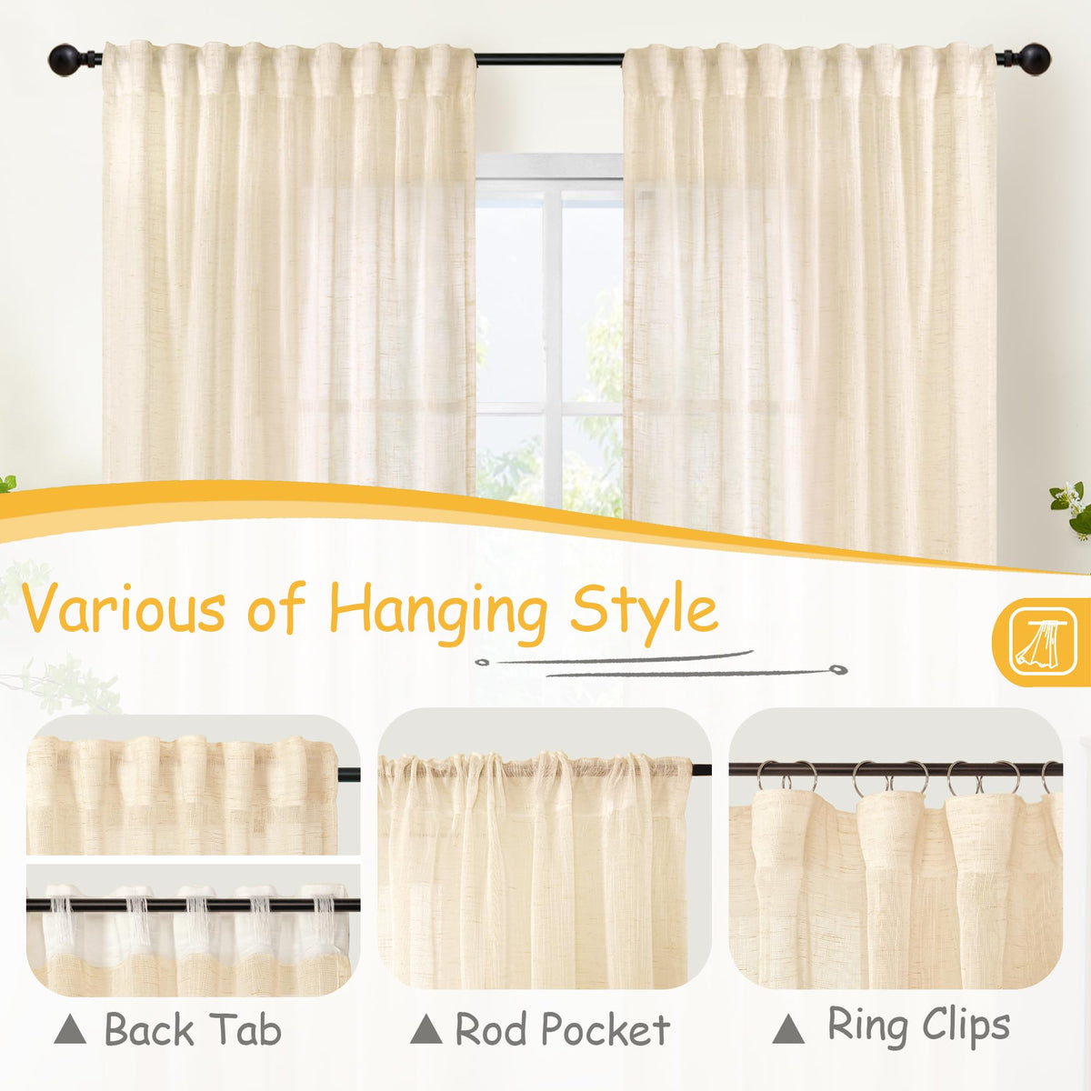 Extra Long Cream Beige Linen Semi Sheer Curtains 95 Inch Length 2 Panels (2 Count)