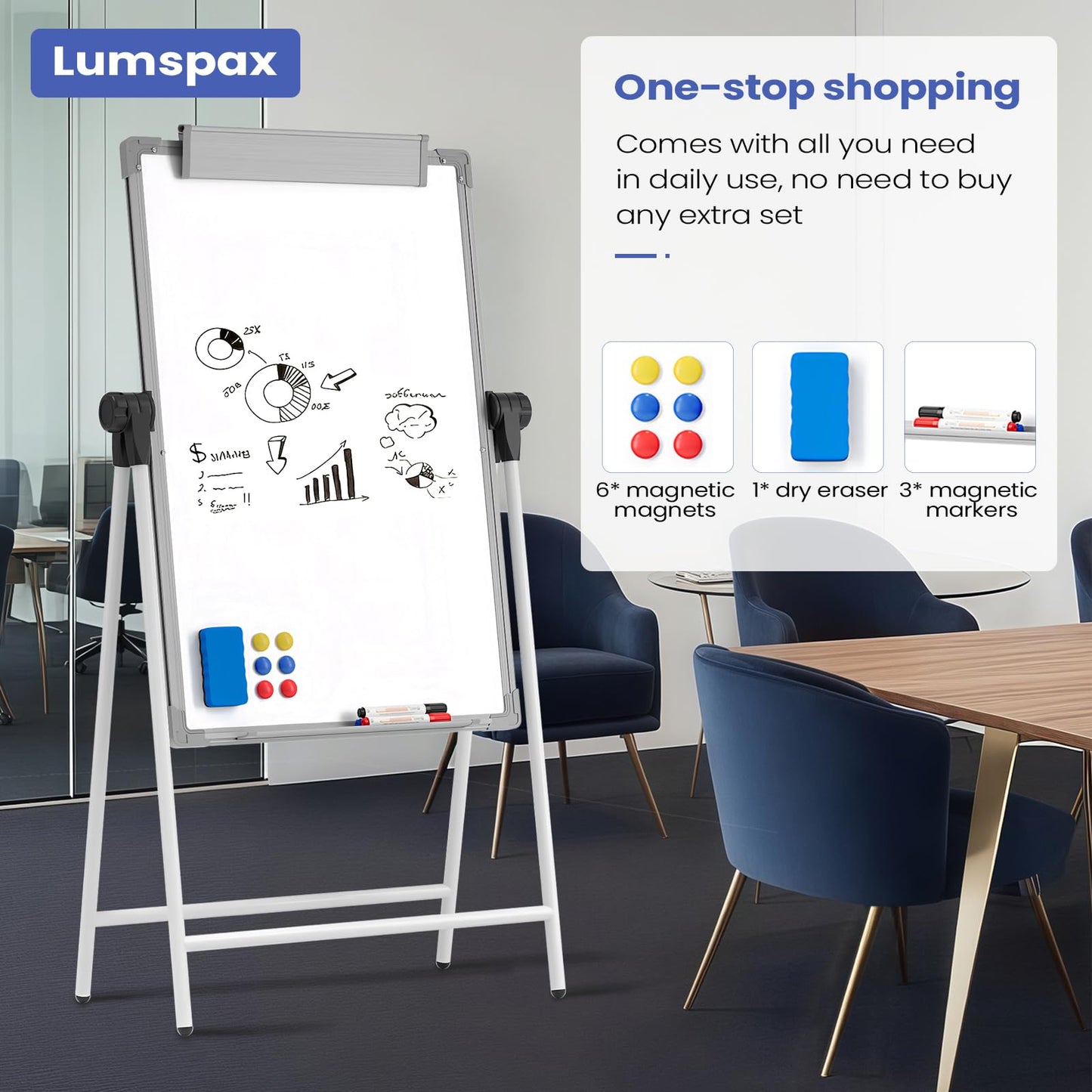Lumspax Large Double Sided White Board with Stands, 36" x 24" A-Stand Dry Erase Easel, Portable Flip Chart Easel with Height Adjustable Design for Home, School, Office