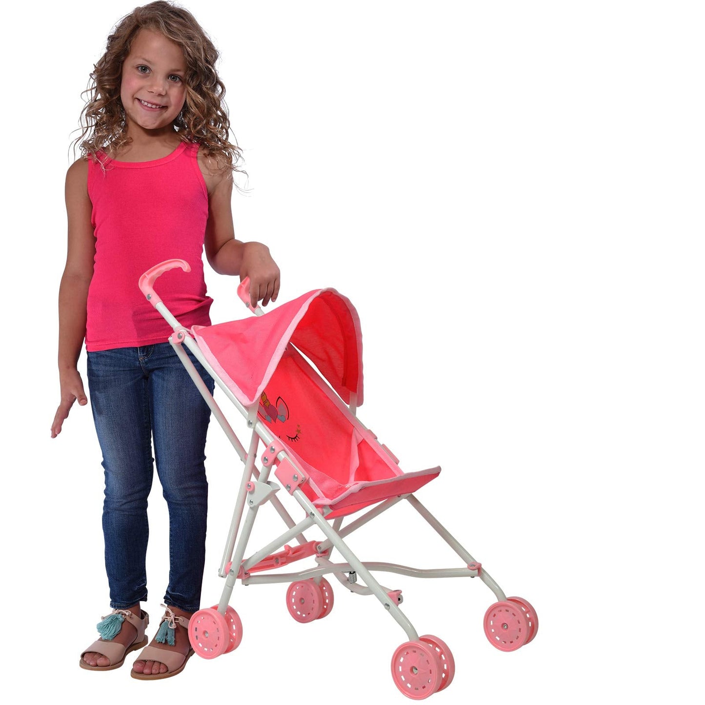 My First Baby Doll Stroller for Toddlers 1-3 Year Old Girls, Little Kids | Toy Stroller with Bottom Storage Basket, Foldable Frame, Canopy, Seatbelt - Unicorn (Pink)