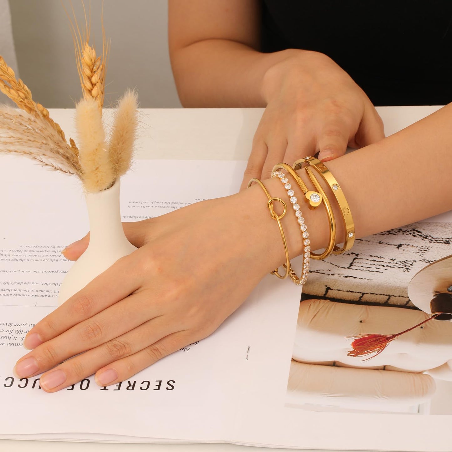 FAFUGA 18 K Gold Plated Love Bangle Bracelet Stack Cuff Jewelry for Women Jewelry Set for Women Gift with Box (style22)
