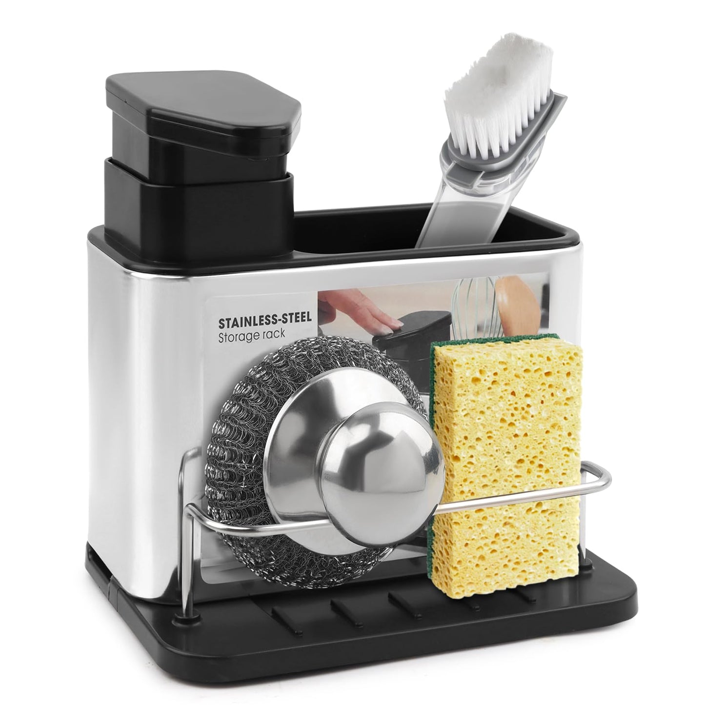 3-in-1 Dish Soap Dispenser, Sponge Holder for Kitchen Sink Caddy, Organizer Dish Soap Dispenser with Cleaning Brush and Tray Drainer Rack Countertop