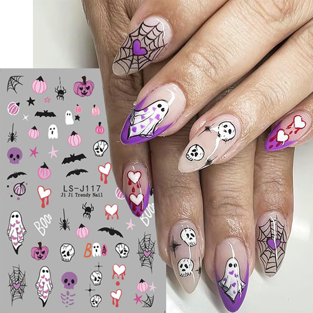 Halloween Nail Stickers for Nail Art, 6 Sheets Halloween Nail Art Stickers Cute Pumpkin Spider Ghost Nail Decals 3D Self-Adhesive Skull Cat Spider Web Nail Designs Charms for Women Manicure Decoration