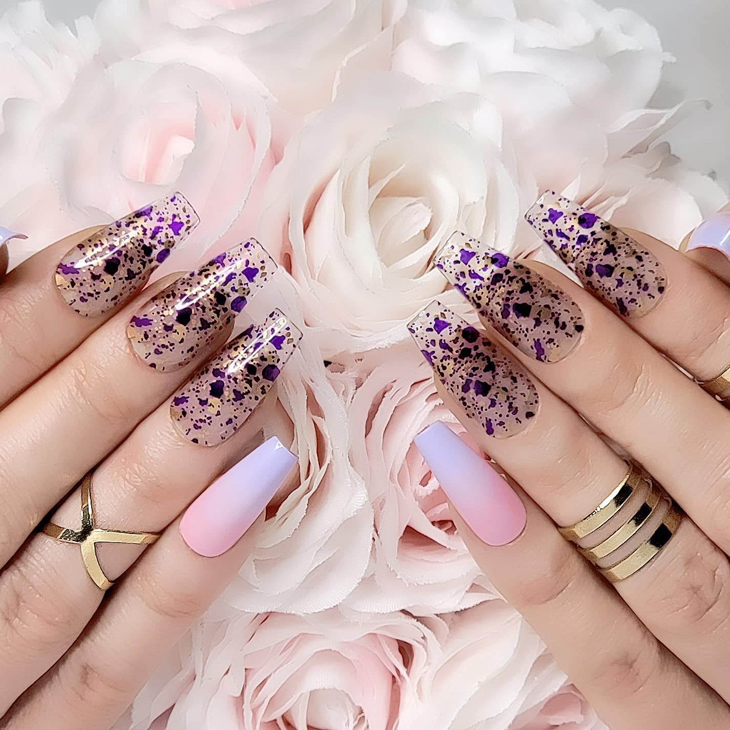 Hypnaughty Rio 24pcs Long Coffin Press-on Nails, Pink to Purple Ombre with Transparent Gold Design, ABS Material, Full Set with Glue