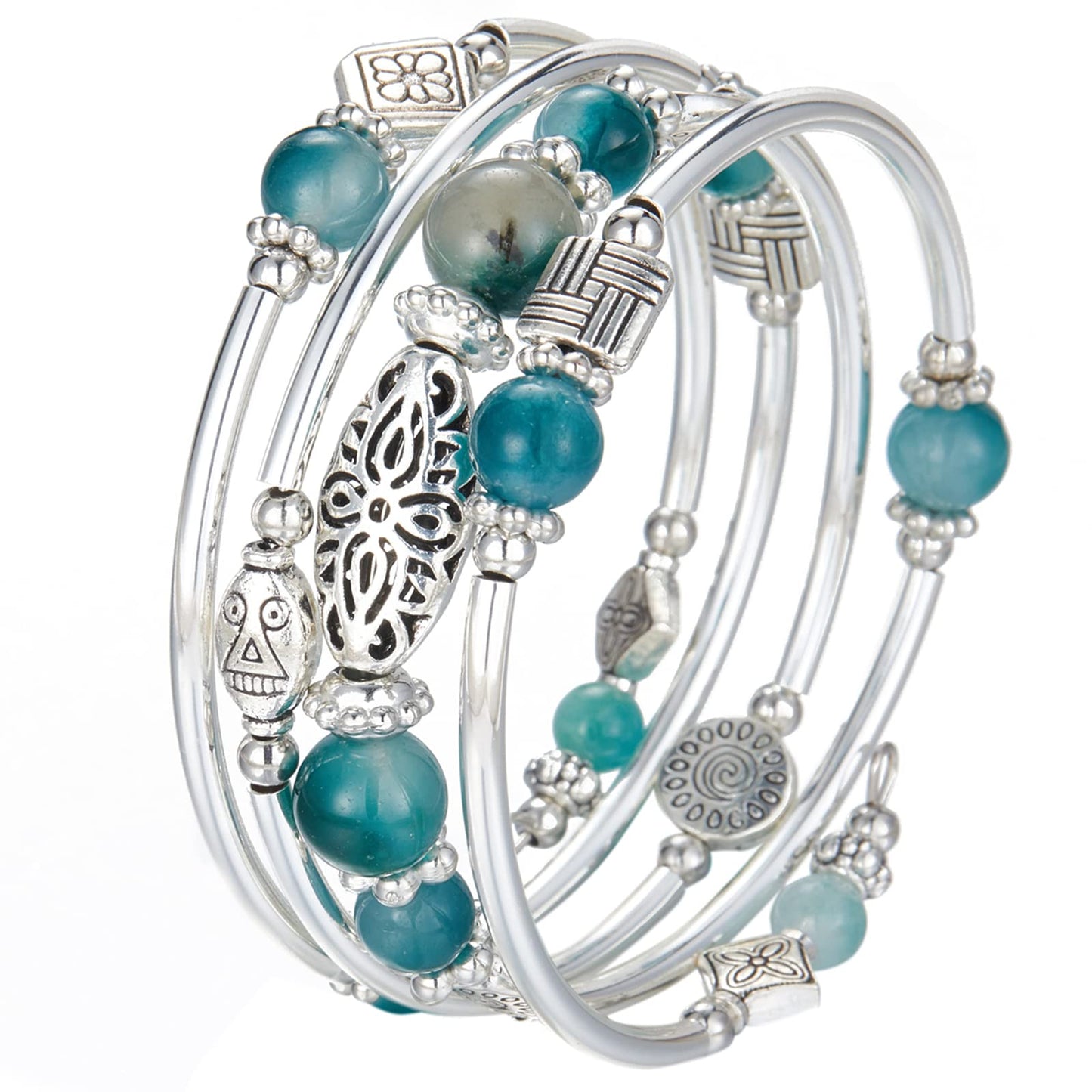 BULINLIN Layered Wrap Bangle Turquoise Bracelet - Bead Bracelet with Natural Agate Stone, Gifts For Women (03-Jade Green)