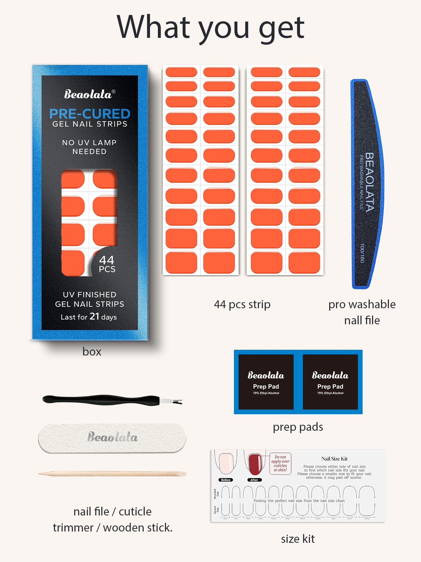 Beaolata Real Gel Nail Strips (No UV Light Needed) - 44Pcs Salon Quality Nail Stickers - Long Lasting Polish Wraps for Women, Easy Apply & Remove (Crimson Tip Orange)