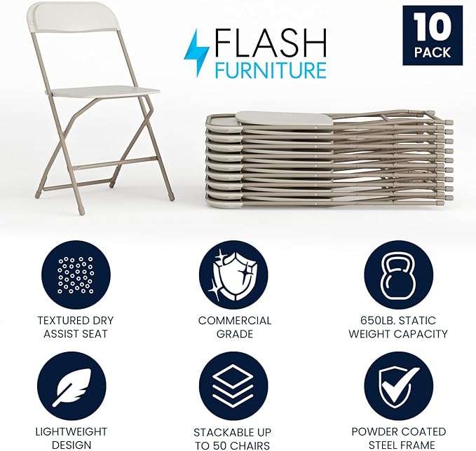 Flash Furniture Hercules Series Plastic Folding Chairs for Parties and Weddings, Stackable Commercial Event Seats, Set of 10, Beige
