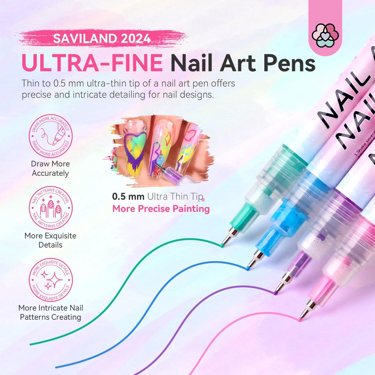 SAVILAND Nail Art Pens Set: 12 Colors 0.5MM 3D Nail Polish Pens Quick Drying Acrylic Paint Nail Art Markers Nail Point Graffiti Dotting Tools Drawing Painting Liner Nail Art Design Pens Home DIY