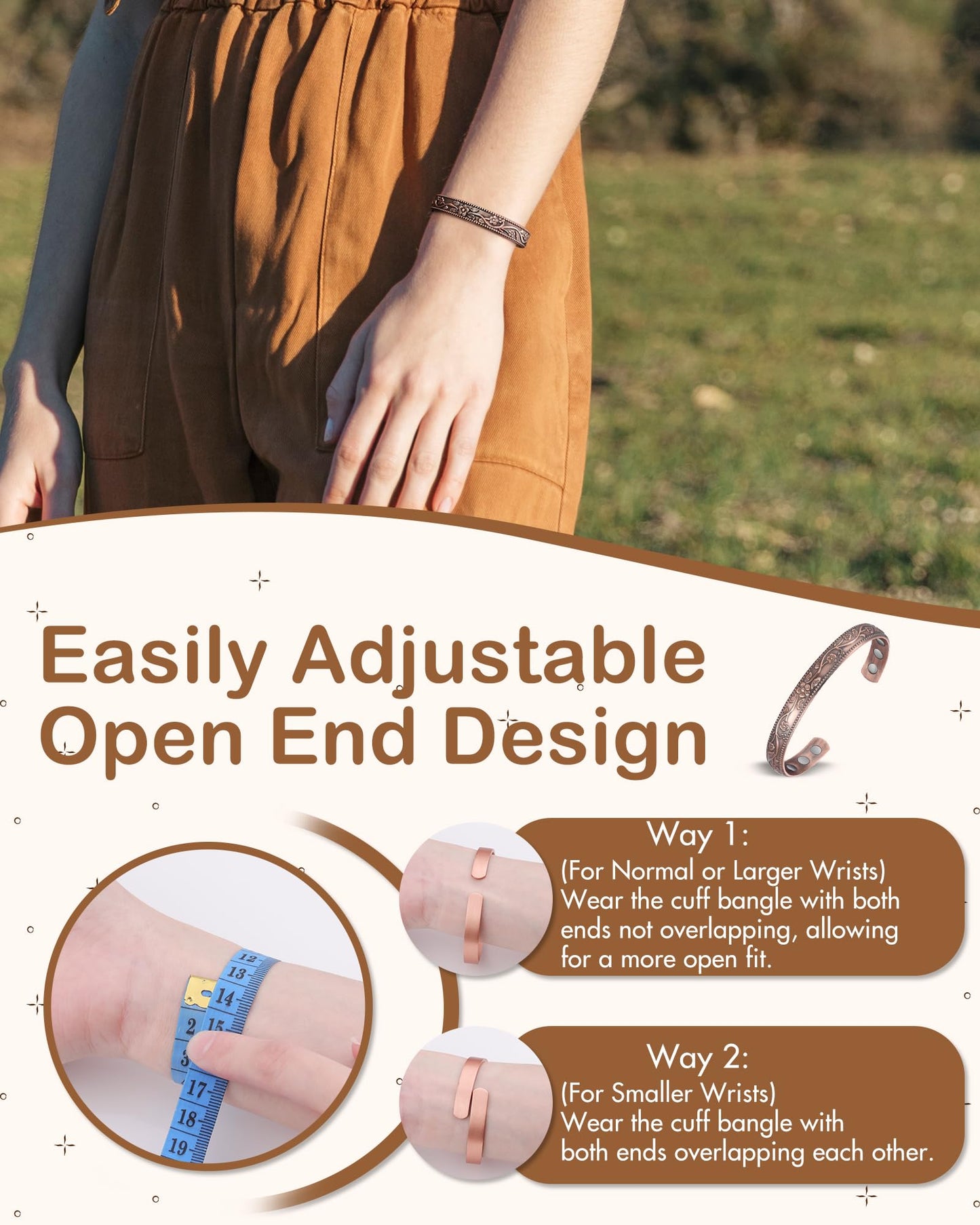 Feraco Copper Bracelet for Women, Ultra Strength Magnetic Bracelets, 99.99% Pure Copper Cuff Bangle with 3500 Gauss Neodymium Magnets, Adjustable