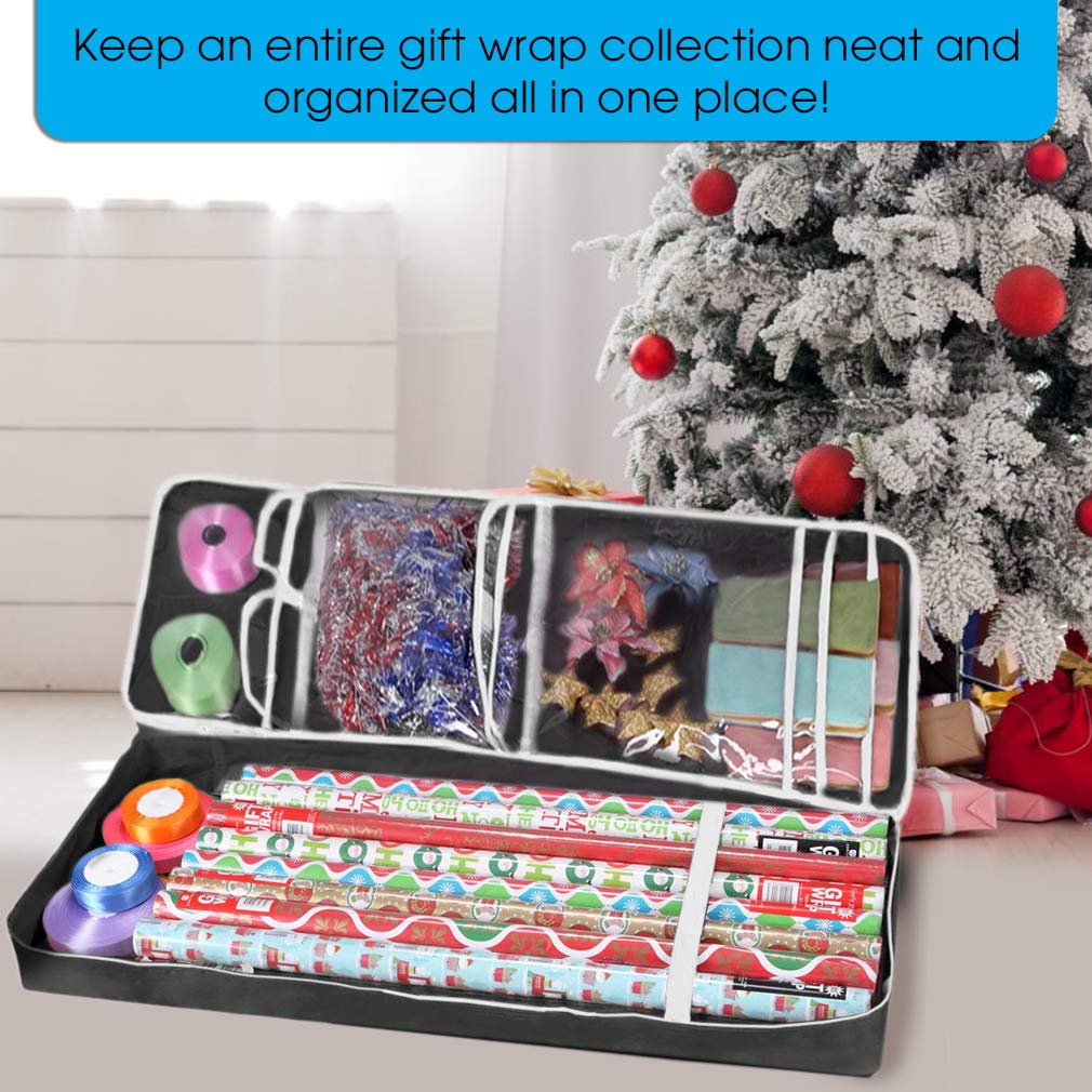 Primode Christmas Gift Wrap Organizer | Wrapping Paper Storage Container Box (37” x 14” x 4”) Constructed of Durable 600D Oxford Material (Black)